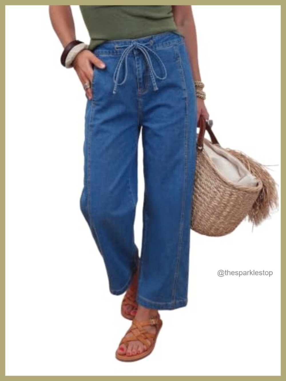 Drawstring Barrel Denim Pants High Rise Tapered Ankle Wide Leg Jeans